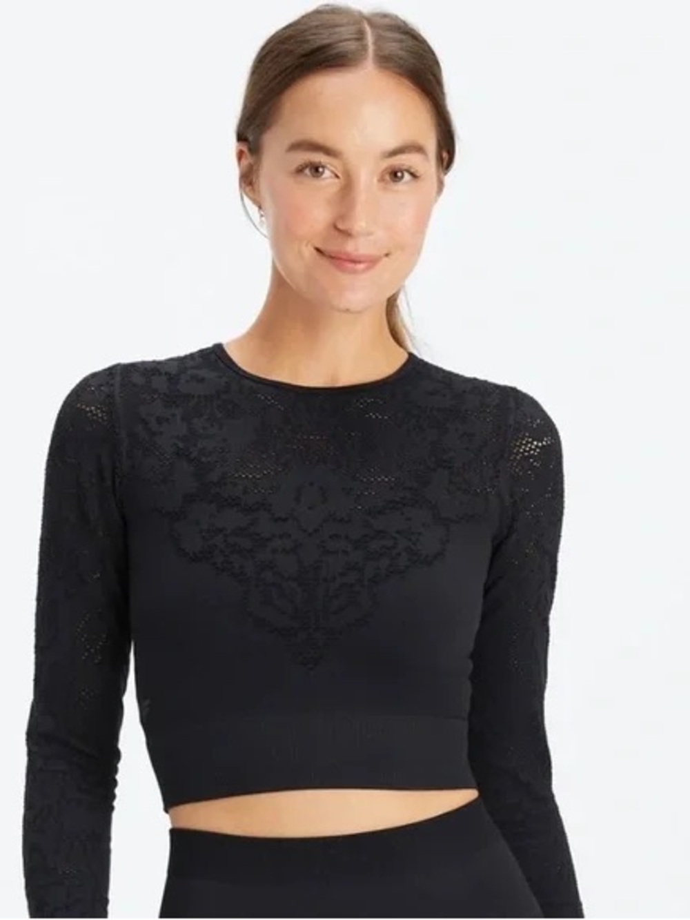 Fabletics Black Lace-Detail Long Sleeve Seamless Mesh Crop Top